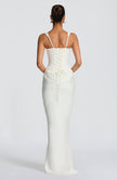 Ivory summer maxi dress for women with square neckline and bodycon fit by FJØRNA, perfect for warm-weather occasions.