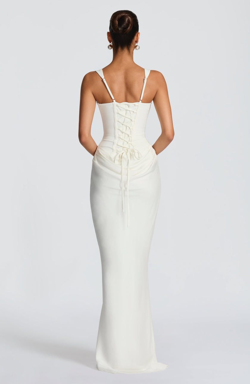 Ivory summer maxi dress for women with square neckline and bodycon fit by FJØRNA, perfect for warm-weather occasions.
