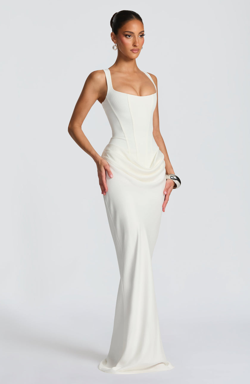 FJØRNA women's ivory square neck bodycon summer maxi dress, lightweight fabric, fitted silhouette, elegant and stylish for warm weather