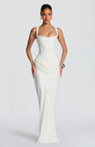 Ivory summer maxi dress for women with square neckline and bodycon fit, by FJØRNA, styled for warm weather occasions