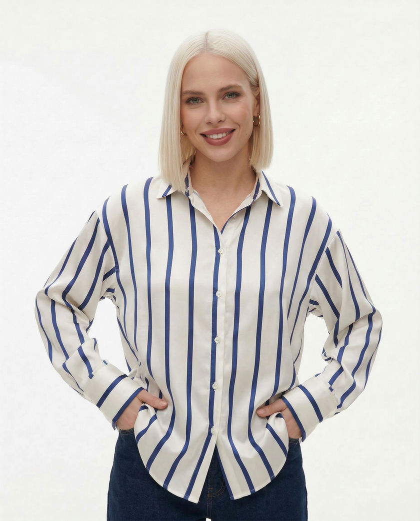 FJØRNA satin blouse for women, stylish women's top in smooth, shiny fabric with a relaxed fit and elegant design.