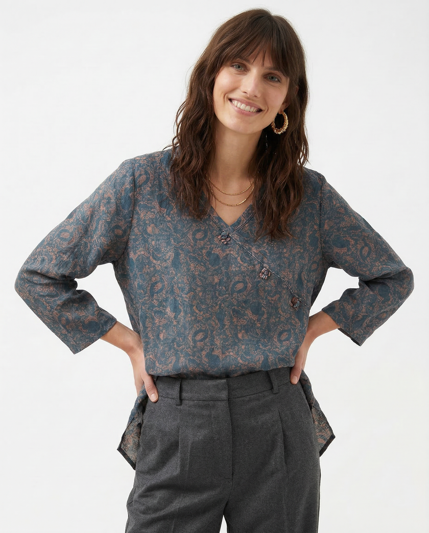 FJØRNA linen blend blouse for women, long sleeve top with a relaxed fit and natural fabric texture, stylish and comfortable.