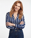 Lacceti Maren Stripe Satin Blouse featuring a silky fabric, elegant stripes, and a relaxed fit, displayed on a hanger.