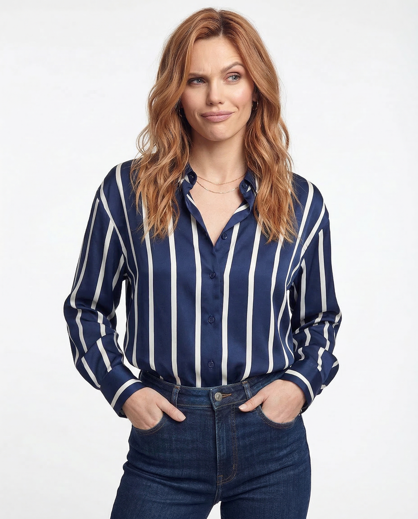 Lacceti Maren Stripe Satin Blouse with long sleeves and button front, featuring a stylish striped pattern and smooth satin fabric.