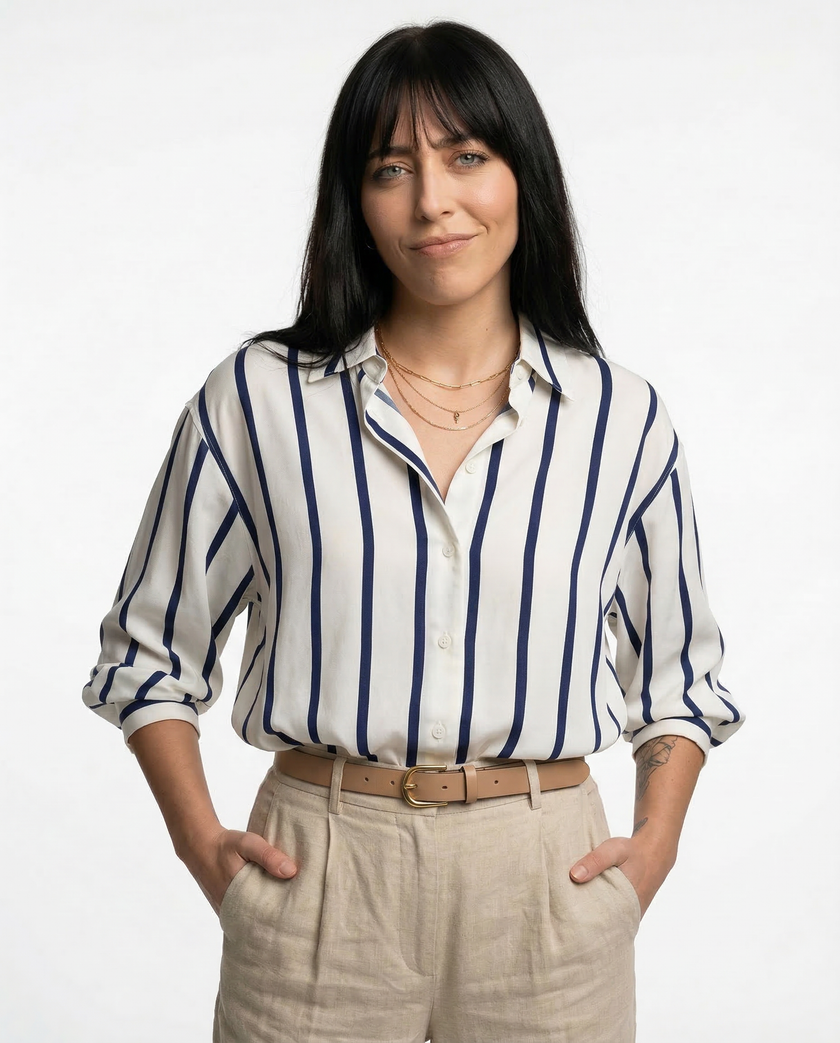 Lacceti Maren Stripe Satin Blouse featuring a stylish striped pattern and elegant satin fabric.