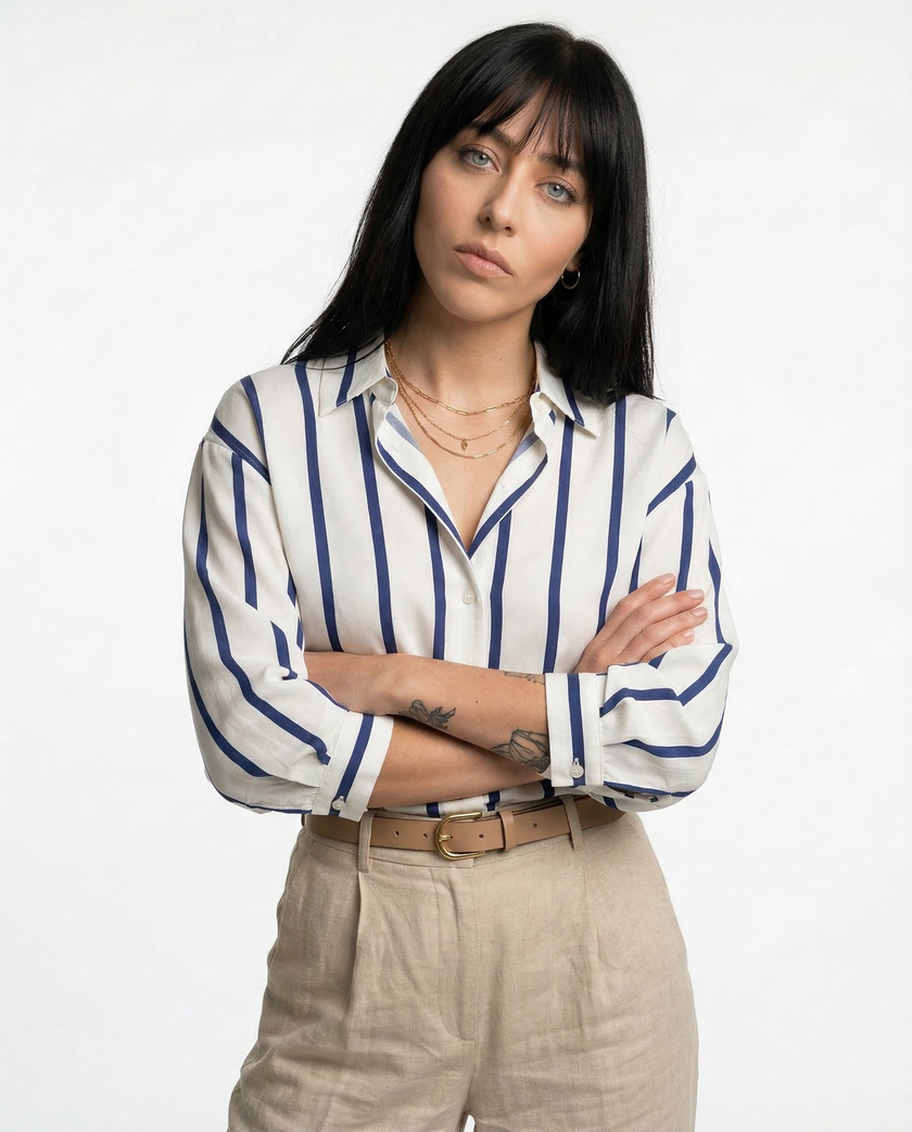 Lacceti Maren Stripe Satin Blouse showing a stylish, lightweight satin fabric with vertical stripe pattern and classic collar.