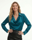 FJØRNA women's long sleeve satin shirt, elegant top with smooth fabric and tailored fit, displayed hanging on a neutral background.