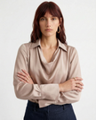 FJØRNA satin long sleeve women's shirt, elegant tops with smooth fabric and tailored fit, shown in a stylish design.