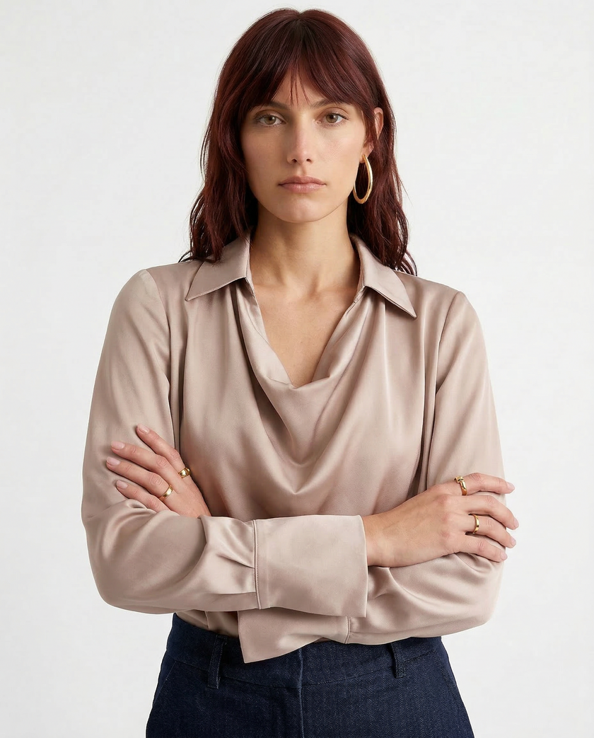 FJØRNA satin long sleeve women's shirt, elegant tops with smooth fabric and tailored fit, shown in a stylish design.