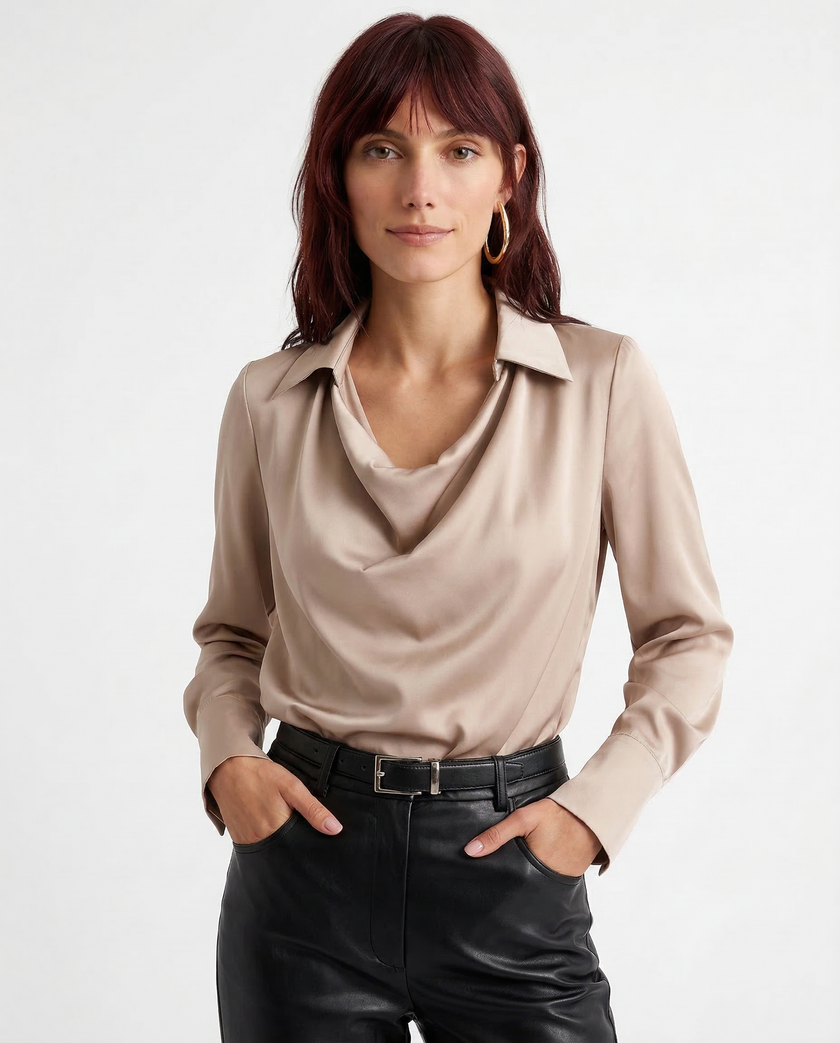 FJØRNA long sleeve satin shirt for women, stylish and elegant, featuring a smooth satin fabric and classic fit.