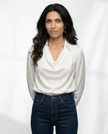 FJØRNA women's satin long sleeve shirt, elegant tops for women with smooth fabric and tailored fit, perfect for stylish occasions.
