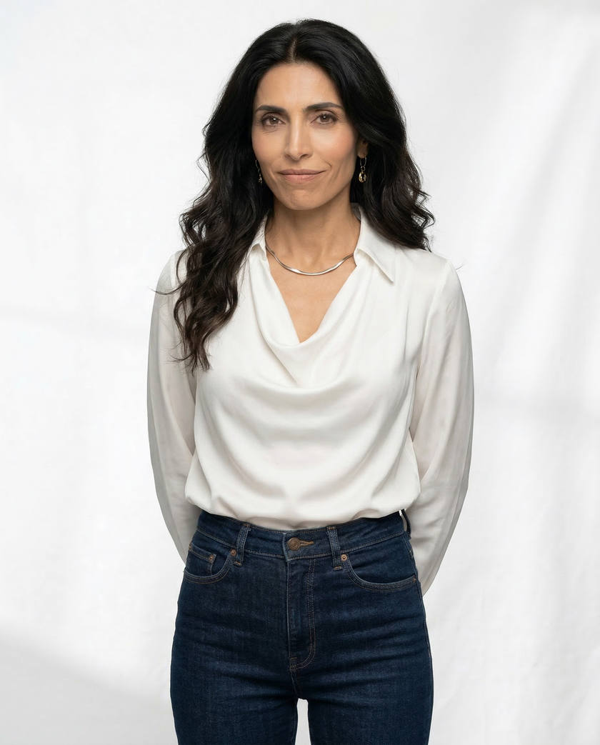 FJØRNA women's satin long sleeve shirt, elegant tops for women with smooth fabric and tailored fit, perfect for stylish occasions.