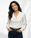 FJØRNA women's long sleeve satin shirt, stylish and smooth fabric, shown in a flattering fit with a classic collar and button front.