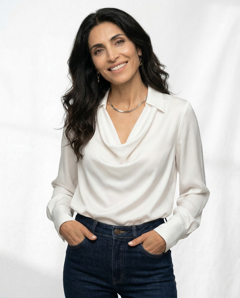 FJØRNA women's long sleeve satin shirt, stylish and smooth fabric, shown in a flattering fit with a classic collar and button front.
