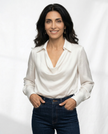 FJØRNA women's long sleeve satin shirt, elegant women's top with smooth fabric and tailored fit, showcased on a neutral background.