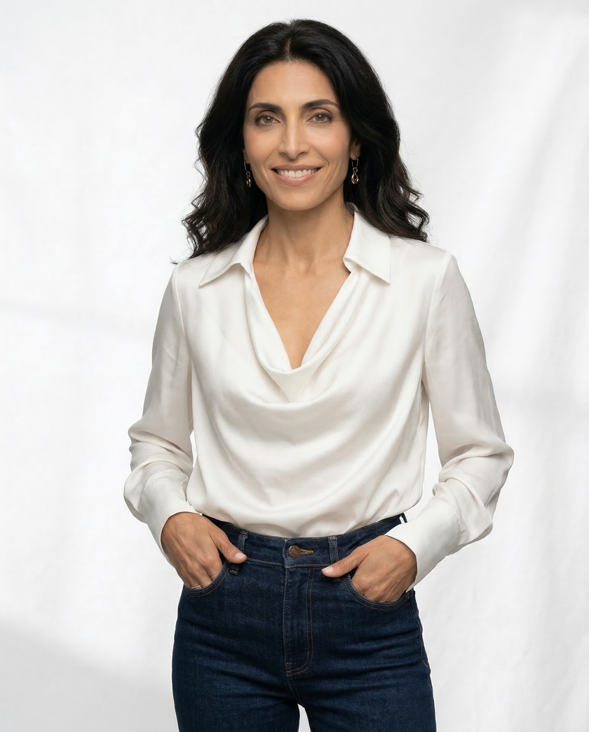 FJØRNA women's long sleeve satin shirt, elegant women's top with smooth fabric and tailored fit, showcased on a neutral background.