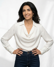 FJØRNA women's long sleeve satin shirt, stylish and smooth fabric, shown in a natural pose highlighting the elegant design.