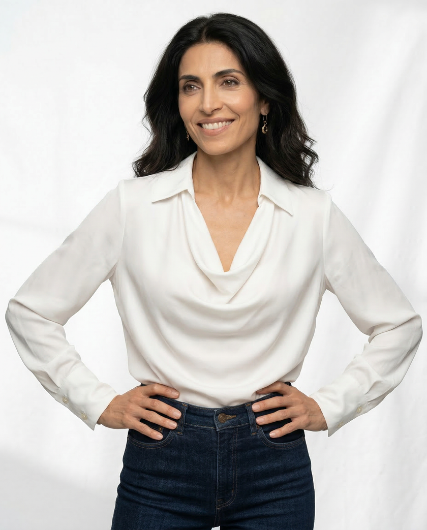 FJØRNA women's long sleeve satin shirt, stylish and smooth fabric, shown in a natural pose highlighting the elegant design.