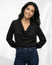FJØRNA women's long sleeve satin shirt, stylish and elegant top with smooth fabric and tailored fit, perfect for dressy occasions.