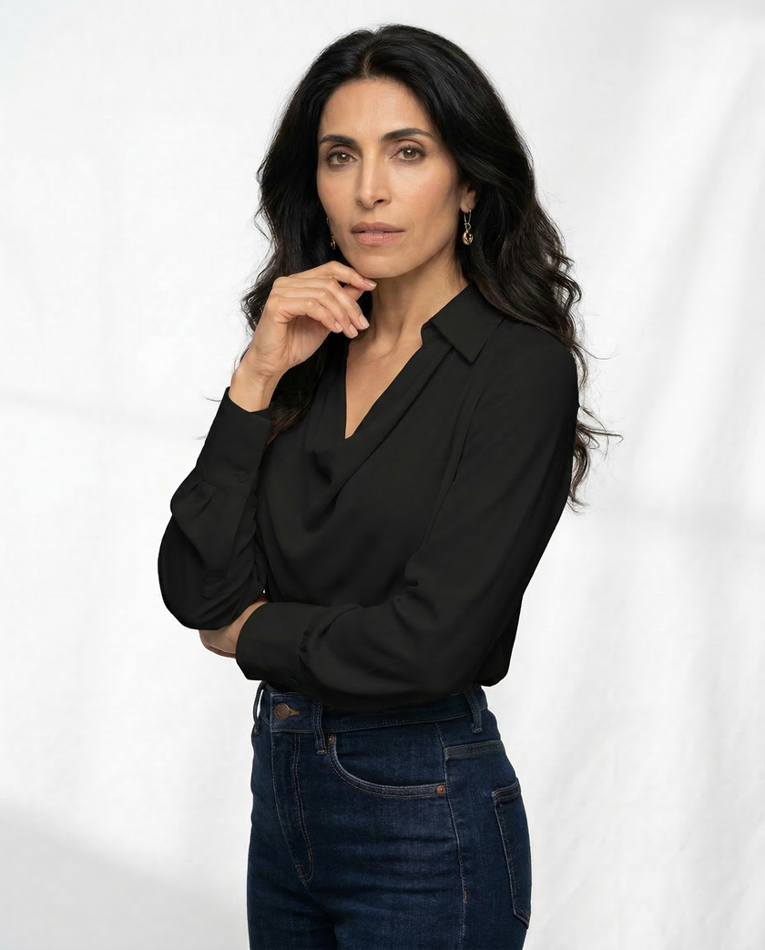 FJØRNA women's satin long sleeve shirt, elegant women's top with smooth fabric and tailored fit, ideal for stylish casual wear