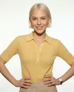 FJØRNA ribbed knit polo blouse for women, showcasing a fitted, textured knit top with a classic collar and short sleeves.