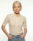 FJØRNA women's ribbed knit polo blouse, stylish tops with a textured ribbed design and classic collar, perfect for casual wear.