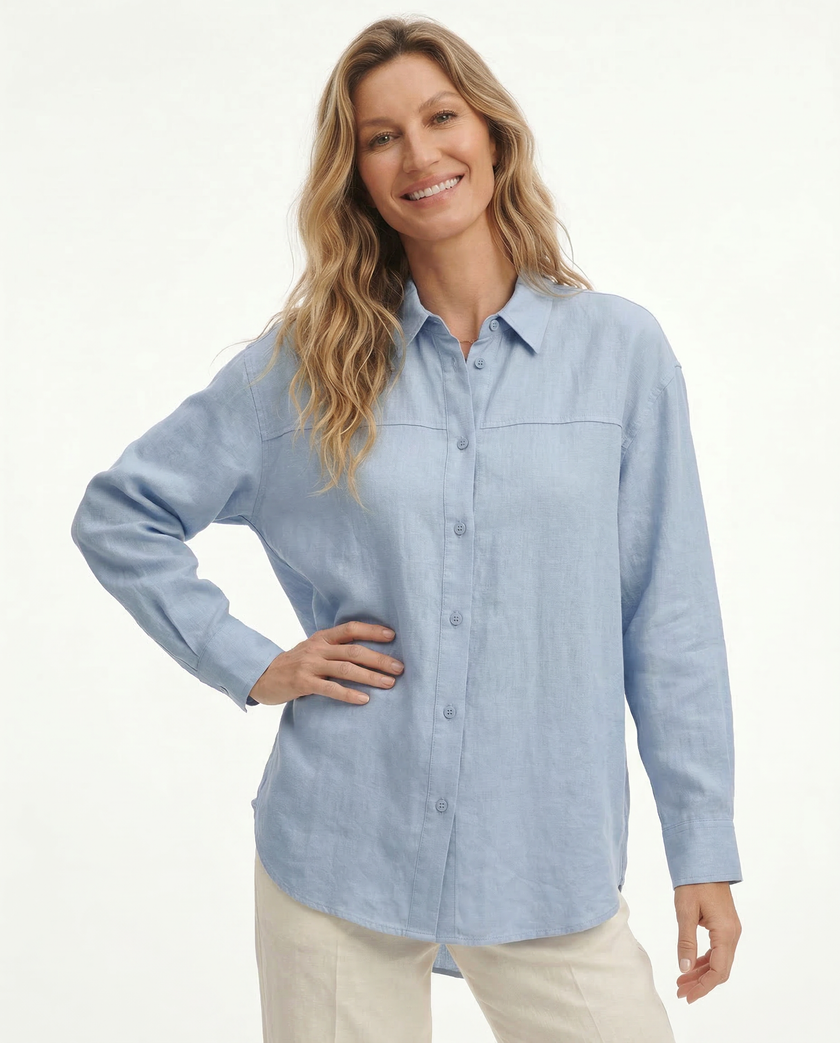 FJØRNA women's long sleeve linen blouse featuring a relaxed fit and natural fabric, perfect for casual or elegant looks.