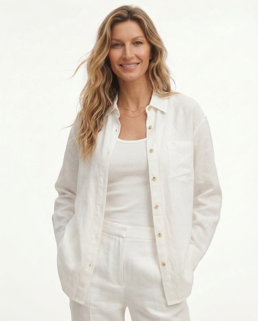 FJØRNA linen blouse for women with long sleeves, lightweight and casual top, natural fabric, and relaxed fit.