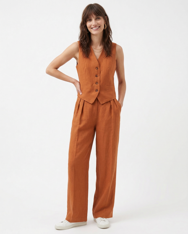 Women’s linen wide-leg trousers from FJØRNA, part of the co-ord set, showing relaxed fit and breathable fabric.