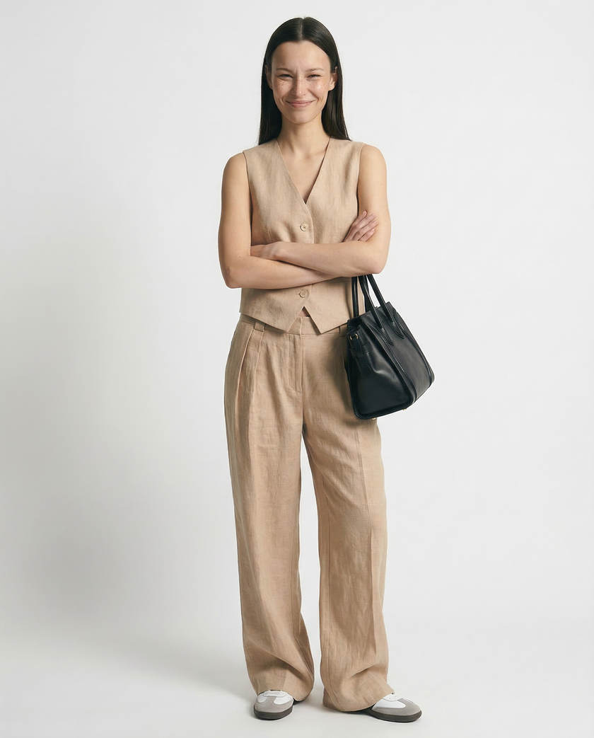 FJØRNA women's linen wide leg trousers, part of a co-ord set, shown in natural light highlighting relaxed, breathable fabric.