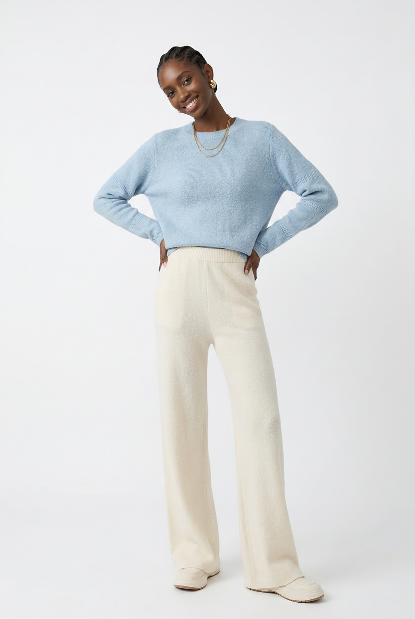 FJØRNA women's merino wool wide-leg jogger pants, soft knit fabric, relaxed fit, casual style, front and side views