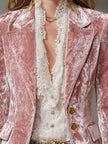 Pink velvet blazer for women with gold button details, stylish FJØRNA jacket perfect for elegant or casual wear.