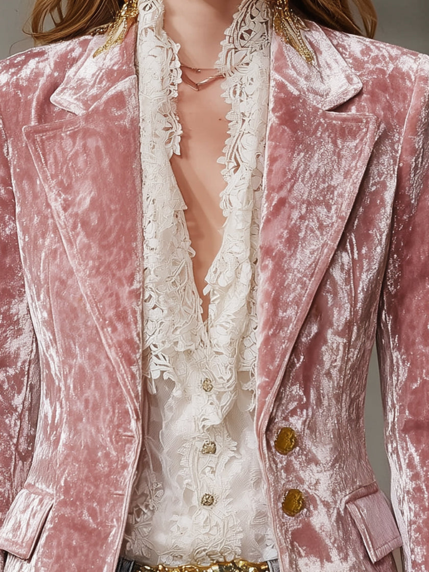 Pink velvet blazer for women with gold button details, stylish FJØRNA jacket perfect for elegant or casual wear.
