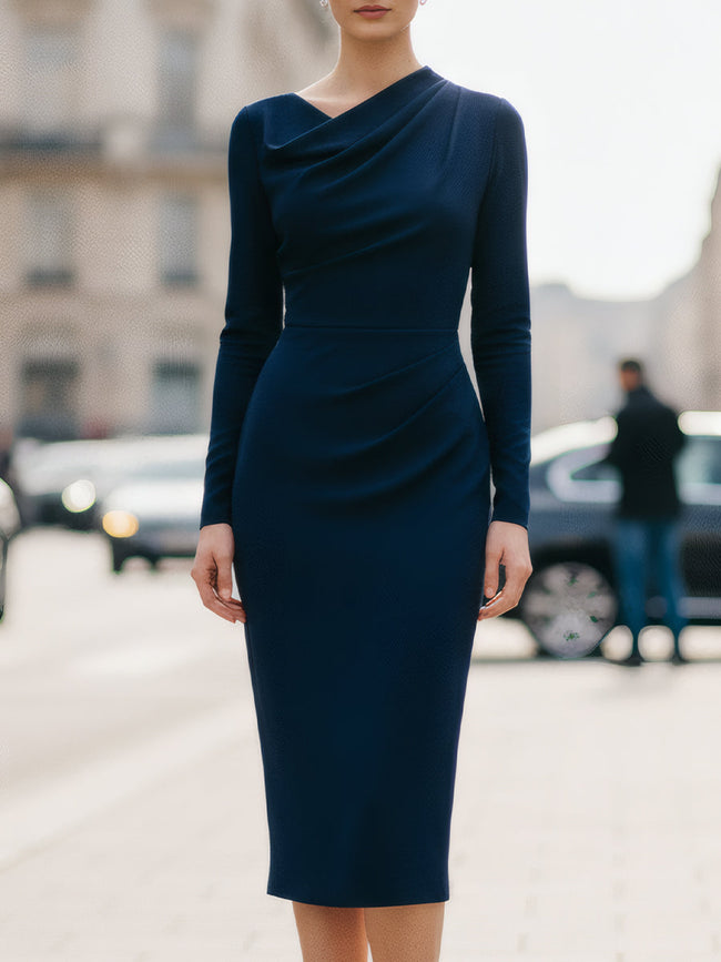 Navy FJØRNA draped midi dress with flowing fabric and elegant silhouette, stylish and suitable for various occasions.