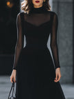 FJØRNA sheer-sleeve high-neck A-line midi dress for women, stylish and elegant with a flowy silhouette and sophisticated design.