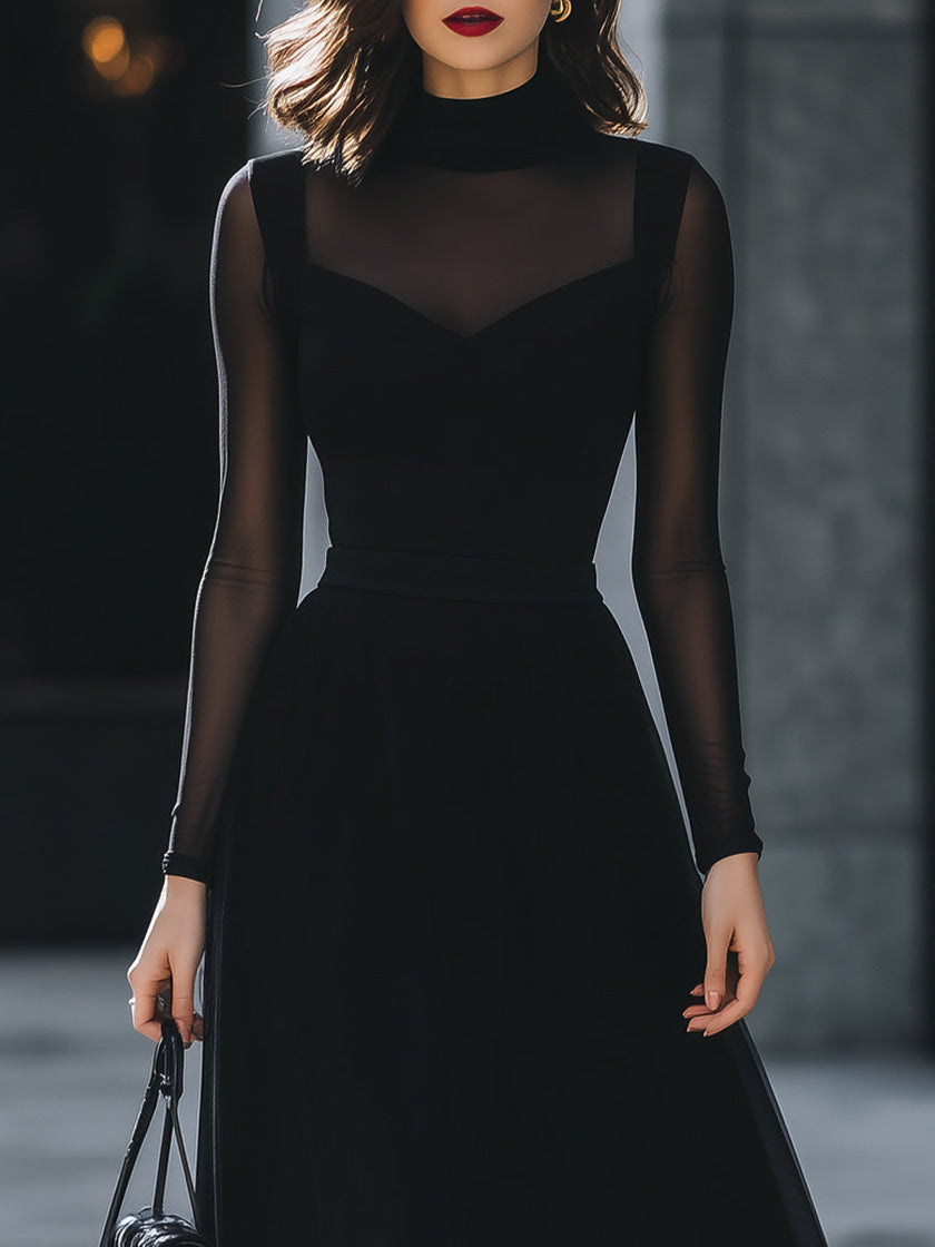 FJØRNA sheer-sleeve high-neck A-line midi dress for women, stylish and elegant with a flowy silhouette and sophisticated design.
