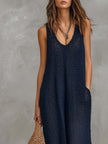 Navy boho knitted sleeveless jumpsuit for women by FJØRNA, featuring a relaxed fit and stylish design.