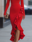 FJØRNA red one-shoulder long-sleeve mermaid midi dress, form-fitting with elegant drape and stylish design.