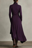 FJØRNA solid color high-neck long-sleeved irregular casual maxi dress displayed on a model.