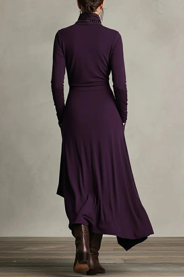 FJØRNA solid color high-neck long-sleeved irregular casual maxi dress displayed on a model.