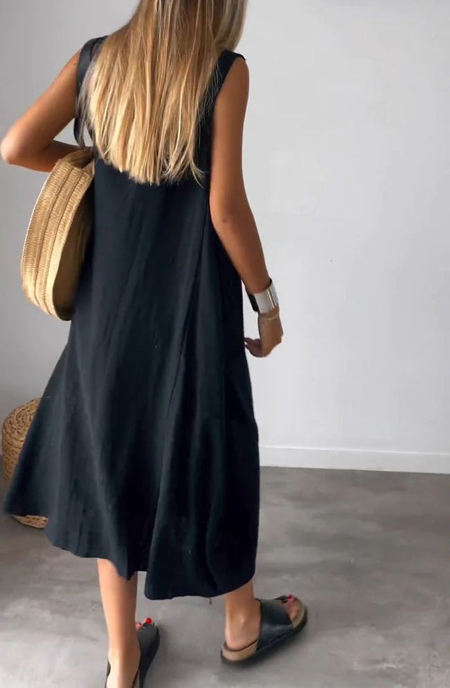 Maya | Casual Cotton And Linen Solid Color Pocket Long Sleeveless Dress