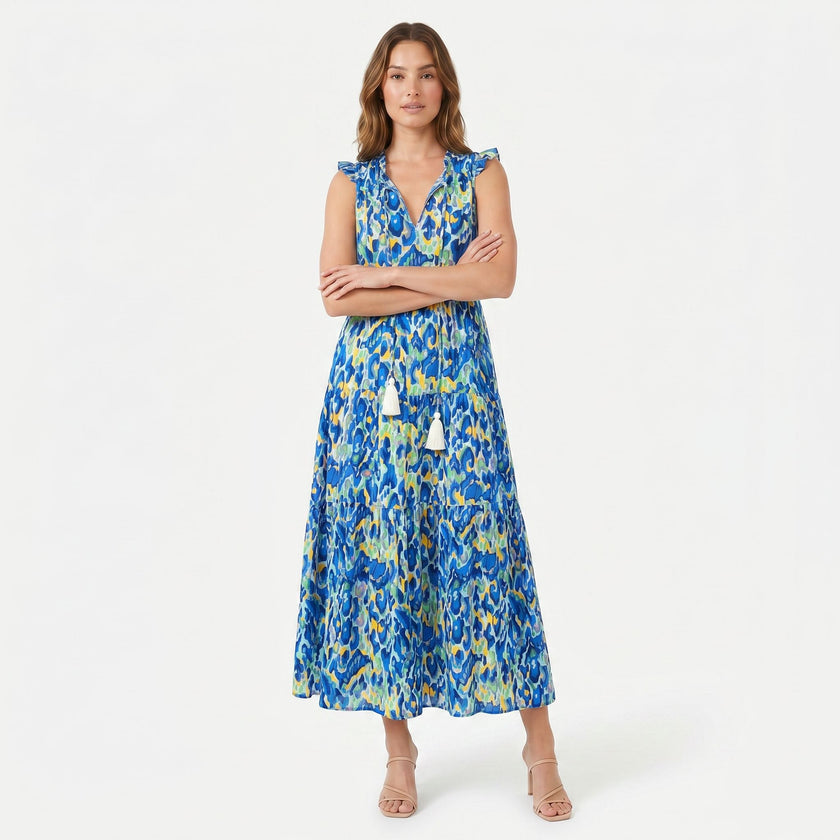 FJØRNA women's sleeveless floral print boho maxi dress with tie neck, flowing fabric, perfect for summer or casual wear.