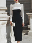FJØRNA contrast panel long-sleeve midi dress for women, stylish and elegant with fitted silhouette and contrasting fabric panels.