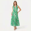 FJØRNA women's sleeveless floral print boho maxi dress with tie neck and flowing silhouette, perfect for summer wear.