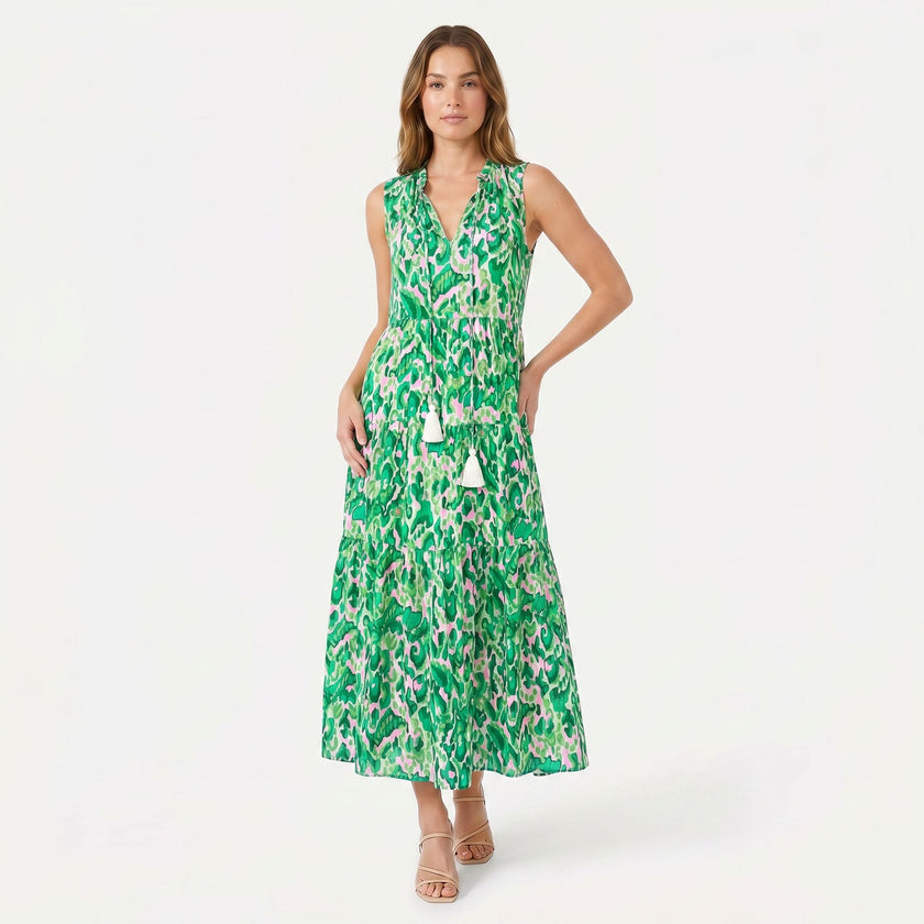 FJØRNA women's sleeveless floral print boho maxi dress with tie neck and flowing silhouette, perfect for summer wear.