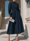 FJØRNA high-neck pinstripe midi dress for women featuring a structured waist and elegant midi length.