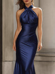 FJØRNA satin halter neck ruched maxi dress with long sleeves, elegant and flowing for formal occasions