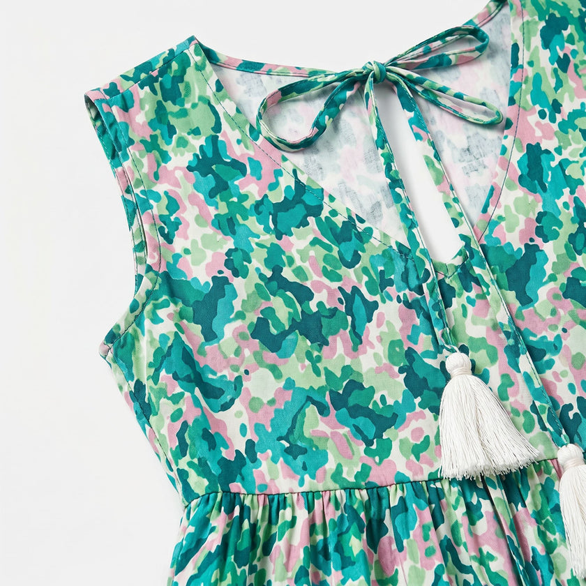 FJØRNA women's sleeveless floral print tie neck boho maxi dress displayed on a model, perfect for summer or casual wear.