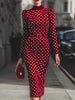 Vintage-inspired red polka dot velvet midi dress for women by FJØRNA, featuring a classic silhouette and elegant design.