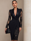 FJØRNA black blazer-style lace midi dress for women, elegant dress with tailored blazer details and lace fabric, full-length view